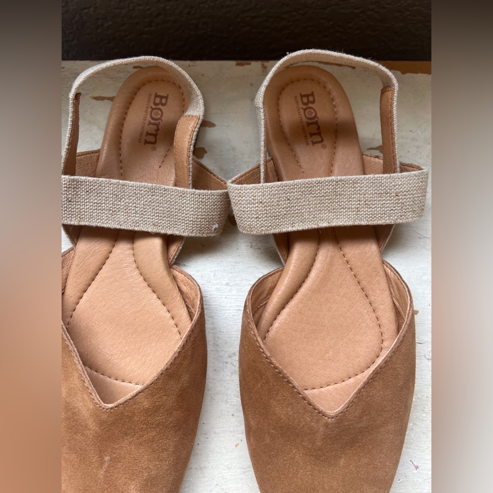 BORN® Coco Slingback Comfort Flat Cognac Brown Suede with Beige Straps Size 9M - Picture 9 of 11